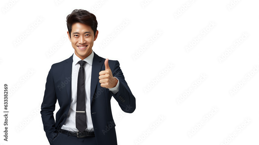 Successful asian businessman in formal suit wear showing thumb up isolated on white background. Successful asian businessman in formal suit wear showing thumb up isolated on white background.