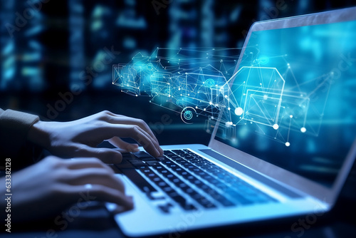 **email marketing concept, hand texting on keyboard, send e-mail or newsletter, transparent notification, cyber punk tone, realistic, 4k AI Generated