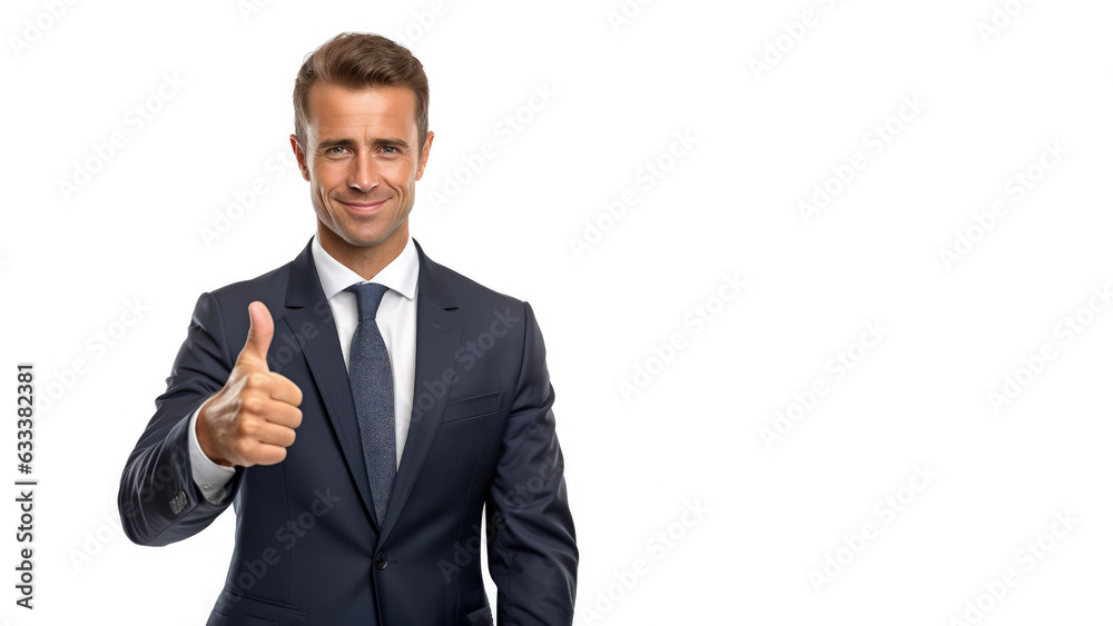 Successful businessman in formal suit wear showing thumb up isolated on white background. Successful businessman in formal suit wear showing thumb up isolated on white background.