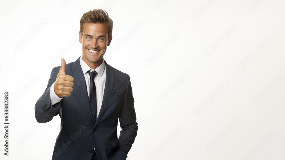 Successful businessman in formal suit wear showing thumb up isolated on white background. Successful businessman in formal suit wear showing thumb up isolated on white background.