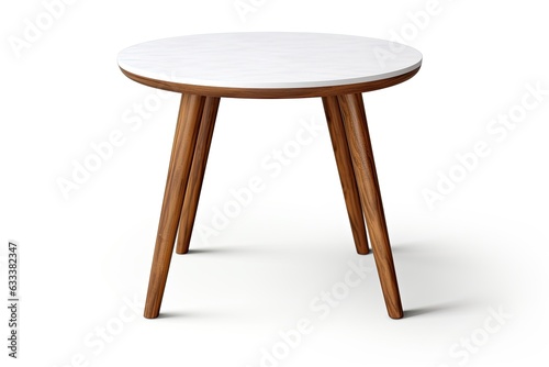 A round coffee table or end table is shown on a white background  with a clipping path included for easy editing. The table is small and white  with three legs.