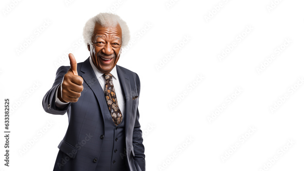 Successful senior afro-american businessman in formal suit wear showing thumb up isolated Successful senior afro-american businessman in formal suit wear showing thumb up isolated