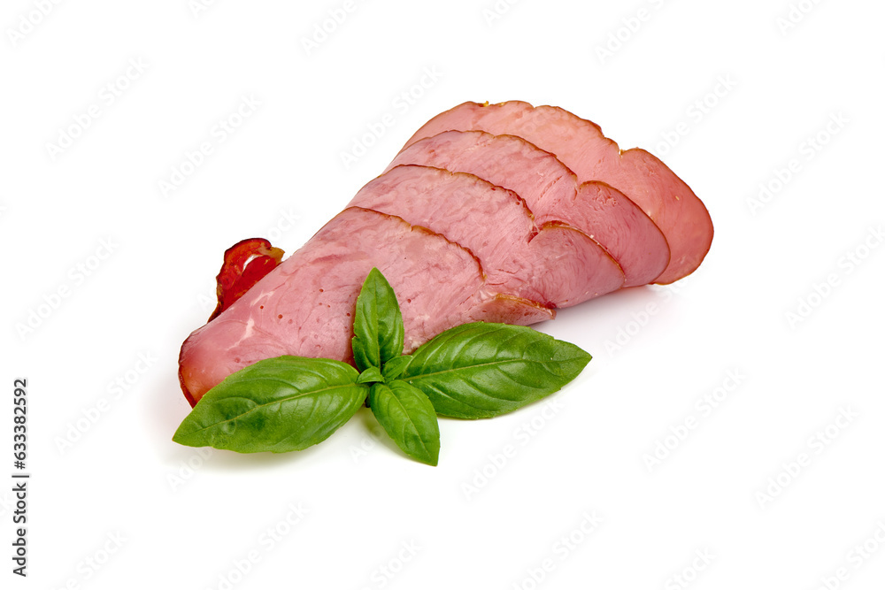Italian prosciutto crudo or spanish jamon. Jerked meat, isolated on white background. Italian prosciutto crudo or spanish jamon. Jerked meat, isolated on white background.