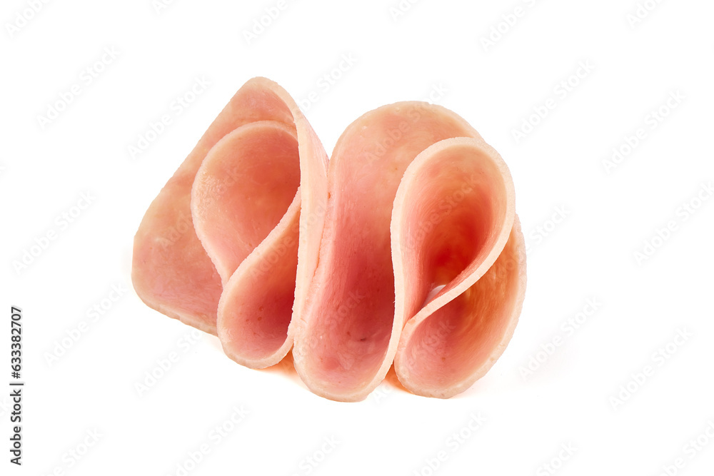 Thinly Sliced Ham, boiled sausage, isolated on white background. Thinly Sliced Ham, boiled sausage, isolated on white background.