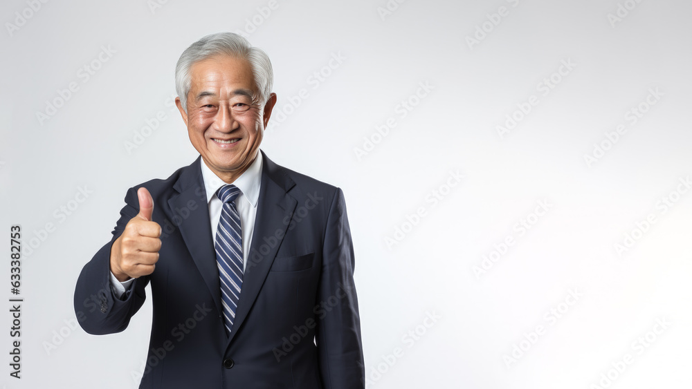 Successful senior asian businessman in formal suit wear showing thumb up isolated Successful senior asian businessman in formal suit wear showing thumb up isolated