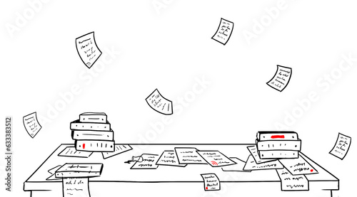 office work desk with full of papers and folders illustration (ID: 633383512)