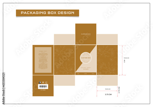 product package box die cut with 3d mockup design elements, labels, icons, frames, for packaging, and design of luxury products. for perfume, Isolated on a Black and Gold background vector Design. photo