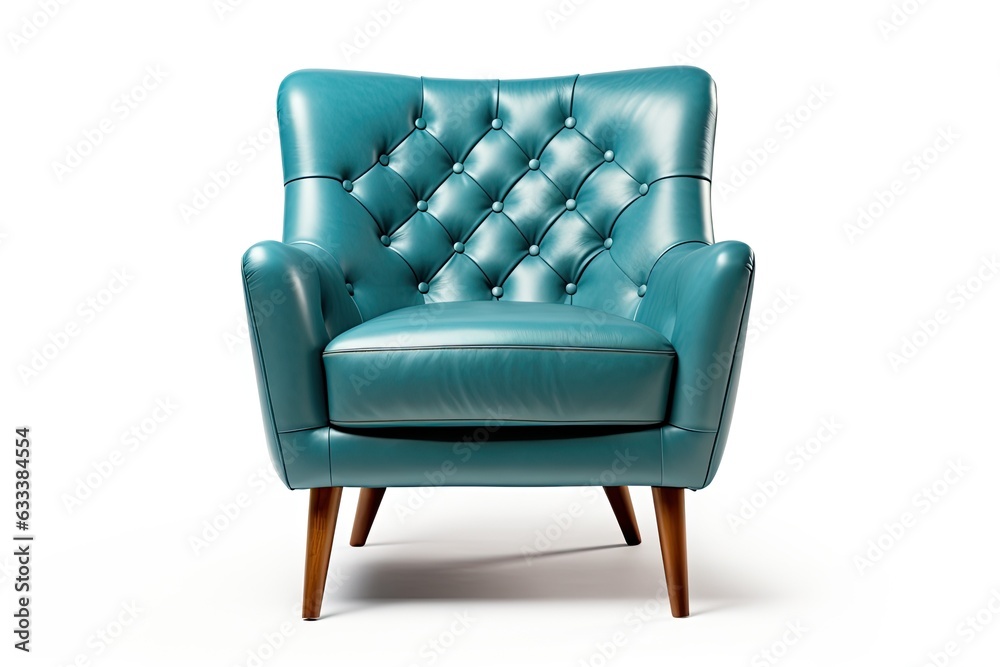 Turquoise chair on white background. Modern club armchair with copper feet. Upholstered wingback accent chair with armrests.