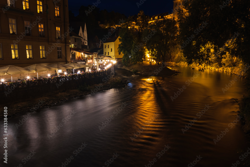 City Cesky Krumlov, with river Vltava. Unesco czech village at night