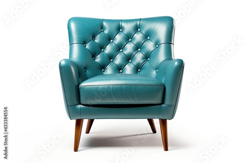 Turquoise chair on white background. Modern club armchair with copper feet. Upholstered wingback accent chair with armrests.