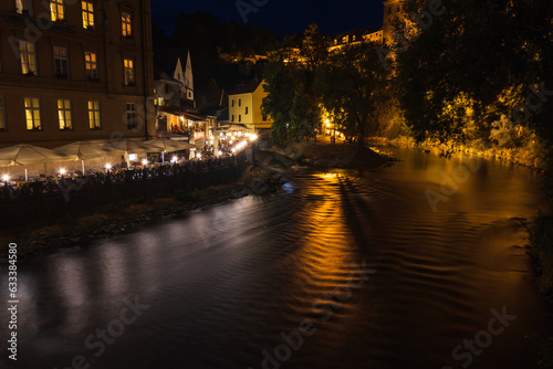 City Cesky Krumlov, with river Vltava. Unesco czech village at night