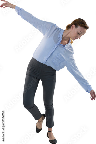 Digital png photo of caucasian businesswoman balancing on transparent background
