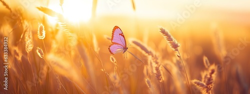 Abstract field landscape at sunset with soft focus. dry ears of grass in the meadow and a flying butterfly, warm golden hour of sunset, sunrise time