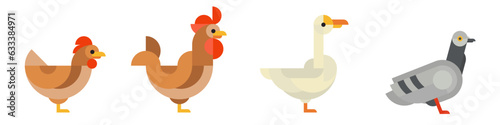 Set abstract geometric birds in modern fashion minimal art style. Chicken, rooster, goose, pigeon. Cartoon bright concept design. Decorative bauhaus composition. Creative vector flat illustration.