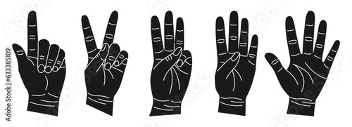 Set of black hands with different gestures. Hands show one, two, three, four, five. Hand drawn vector illustration isolated on white background. Modern trendy flat style.