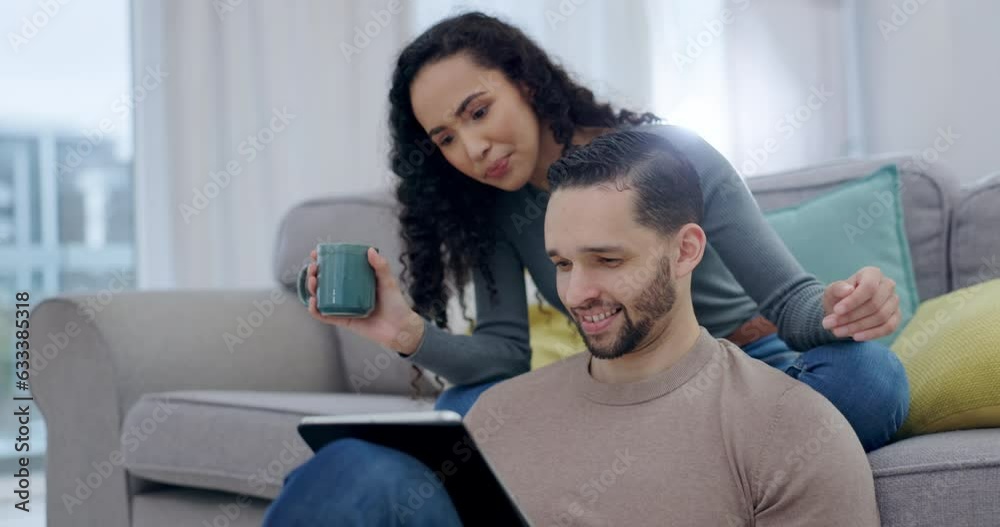 Bonding couple, talking or tablet on sofa for streaming, movies or subscription show in home living room. Man, woman or tea for relax, social media or watching gaming multimedia on house technology Bonding couple, talking or tablet on sofa for streaming, movies or subscription show in home living room. Man, woman or tea for relax, social media or watching gaming multimedia on house technology