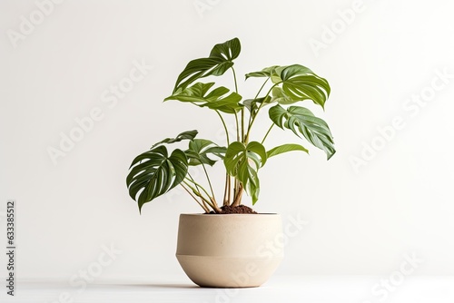 A young Zanzibar gem plant is photographed in a beige pot, standing alone on a white background.