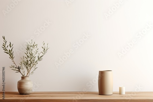 A traditional interior wall mockup showcasing a vase with green twigs and a candle placed on a light brown wooden table. The mockup is set against an empty white background.