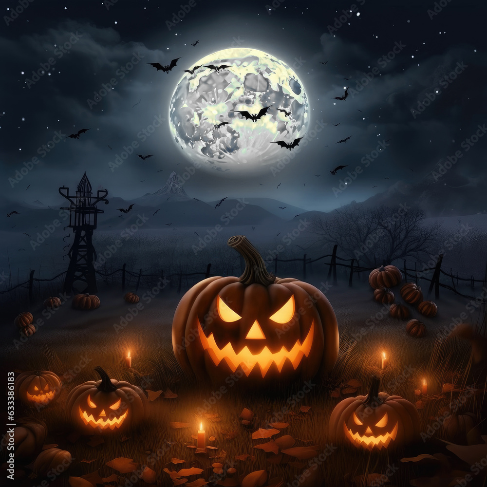 Halloween compositions pumpkins Jack O' Lanterns on autumn field in spooky night. Halloween background