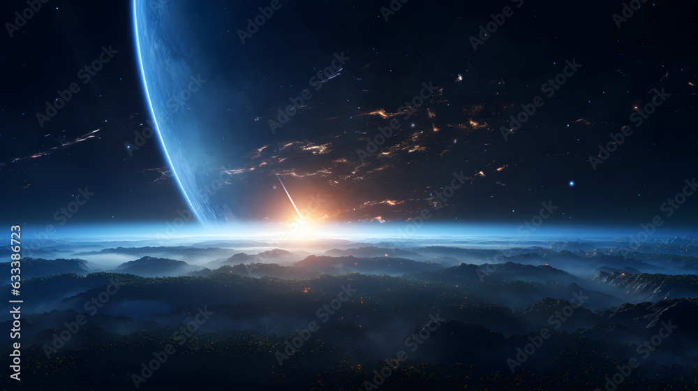 view from space to exoplanet galaxy background