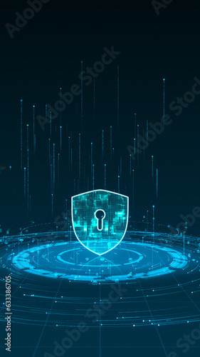 Blue security shield logo with particle ring circle with ai technology icon on futuristic abstract background network firewall technology and data secure vertical