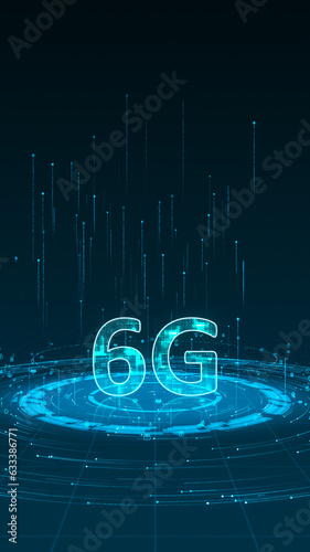 Blue digital 5G letter with particle ring circle rotation with ai technology icon on futuristic abstract background generation of connection vertical