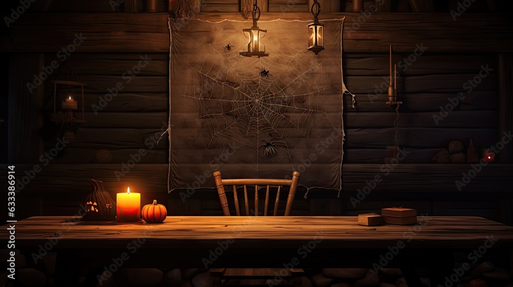 Halloween background with old wooden chair, burning candles and spider web