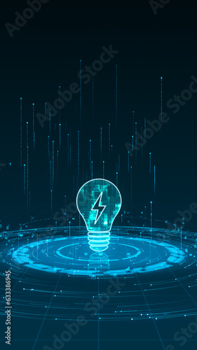 Blue digital lamp logo with particle ring circle rotation with ai technology icon on futuristic abstract background lightbulb and ideas vertical