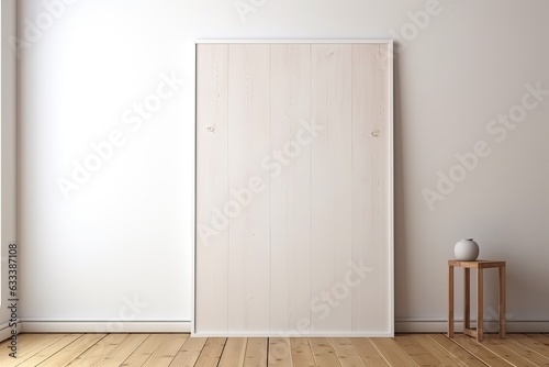 Wooden poster template with white wall and wooden floor.