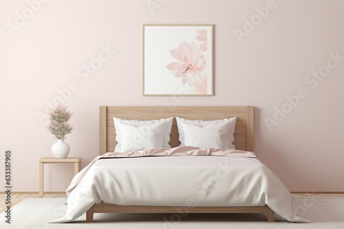 A background of a bedroom interior with a mockup frame is depicted in light pastel colors. The image is rendered in .