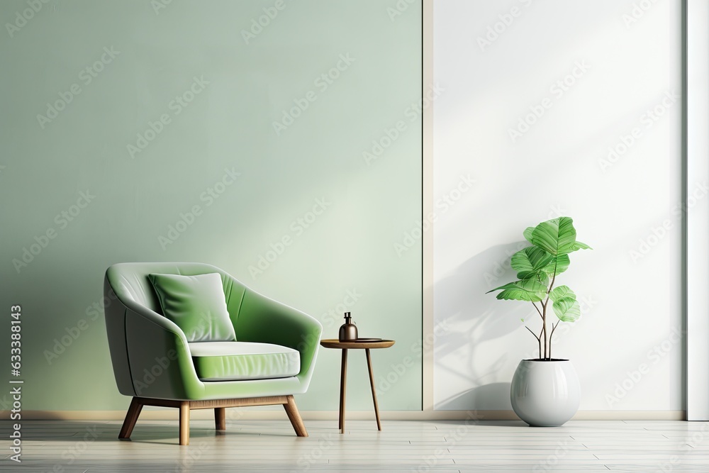 The rendering showcases a contemporary interior design featuring a green armchair placed against a white backdrop in a space with empty walls. The rendering showcases a contemporary interior design featuring a green armchair placed against a white backdrop in a space with empty walls.