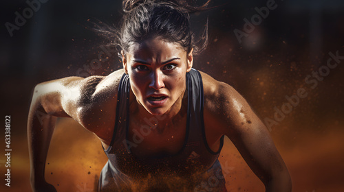 Determined competitive beautiful female athlete running in mid-action, captured on the sports field, Athlete Portrait