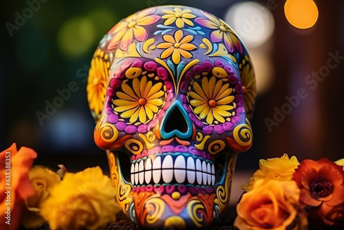 Colorful sugar skull adorned with marigold flowers  Day of the Dead  symbols  blurred background Generative AI