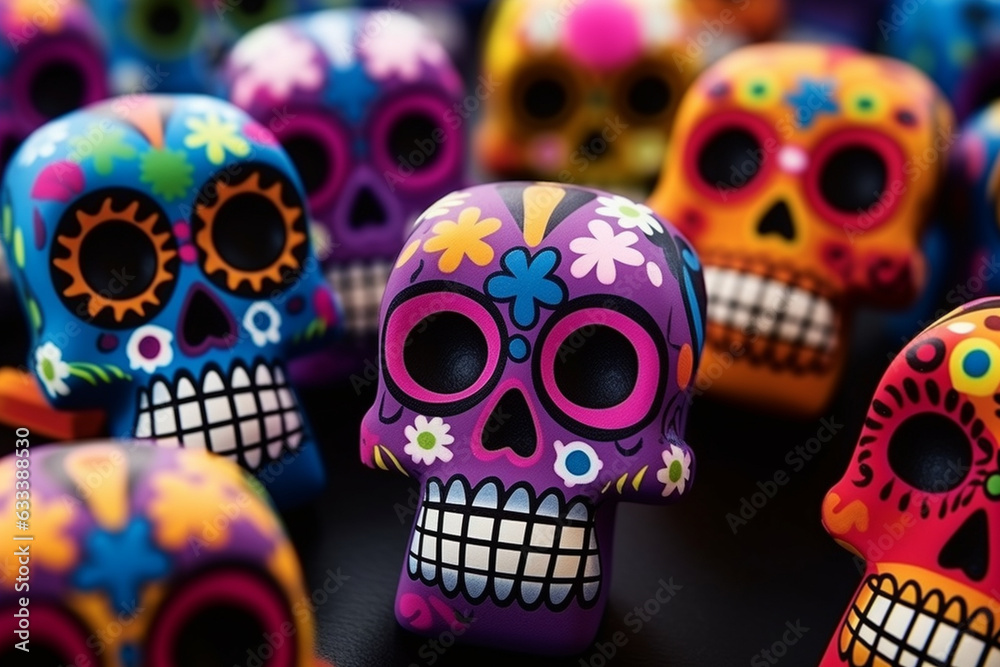 Skull and crossbones motifs in festive Day of the Dead style, Day of the Dead, symbols, blurred background Generative AI Skull and crossbones motifs in festive Day of the Dead style, Day of the Dead, symbols, blurred background Generative AI