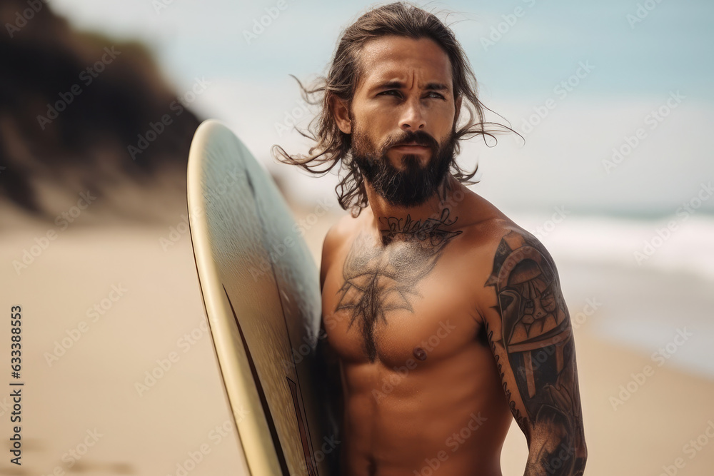 surfer man with surfboard on the beach. Handsome male athlete with tattoo holding surf board with wet hair on summer beach sport holiday - obrazy, fototapety, plakaty 