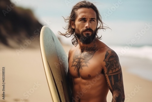surfer man with surfboard on the beach. Handsome male athlete with tattoo holding surf board with wet hair on summer beach sport holiday