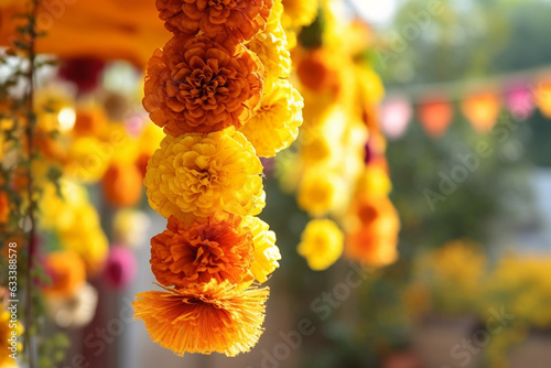 Marigold garlands draped in a festive arrangement, Day of the Dead, symbols, blurred background Generative AI