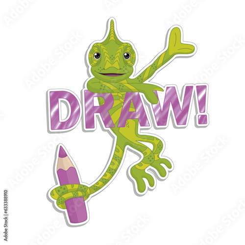 Green chameleon drawing the word with a purple pencil  sticker