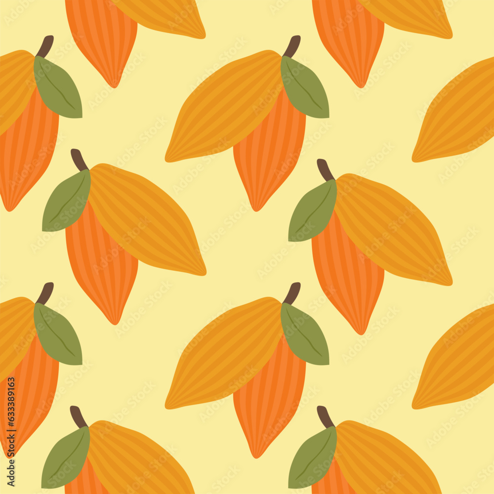 Obraz premium Cacao seamless pattern vector illustration. Natural chocolate. Organic sweet food, graphic art sketch. Cocoa vintage package.