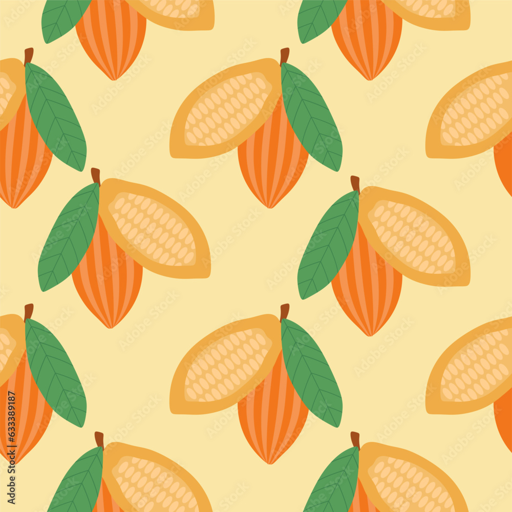 Fototapeta premium Cacao seamless pattern vector illustration. Natural chocolate. Organic sweet food, graphic art sketch. Cocoa vintage package.