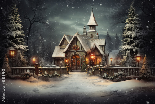 Christmas Church Illustration: Glowing Lights and Snowy Evening Scene Generative AI, © illuminating images