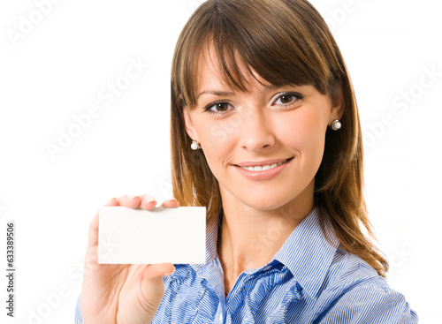 Happy smiling business woman with blank business or plastic card, isolated on white backround