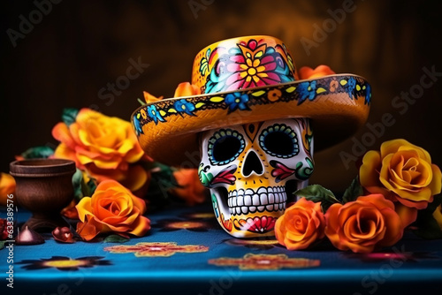 Traditional calavera skull with sombrero and festive accessories, Day of the Dead, Skull Generative AI