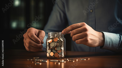 Businessman puts golden coins in a glass jar. Created with Generative AI technology.