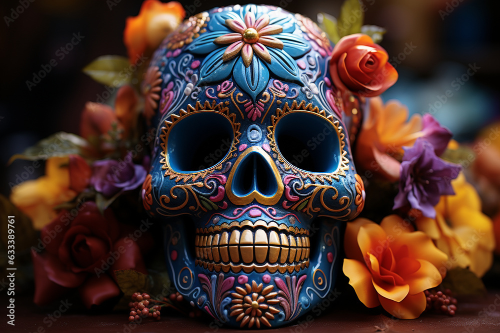 Fototapeta premium Colorful calavera skull with vibrant flowers and designs, Day of the Dead, Skull Generative AI
