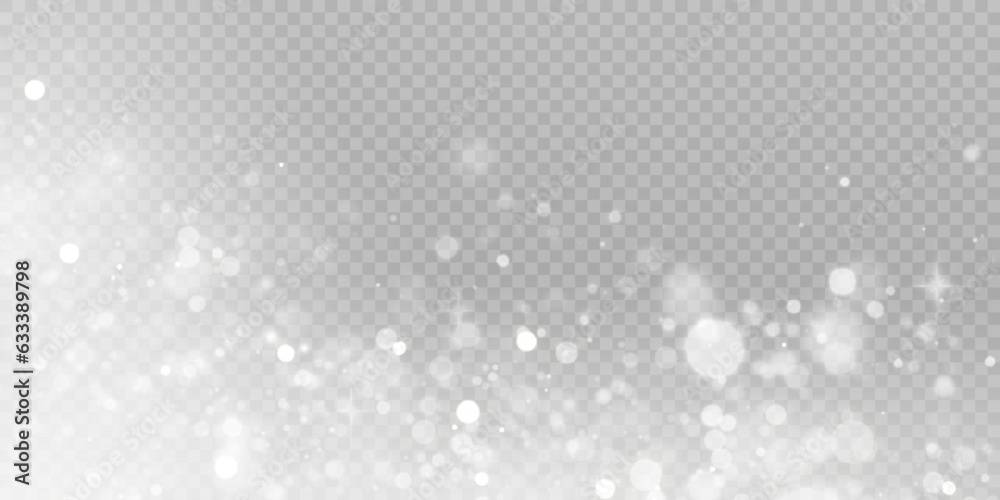 White snowflakes are flying in the air. Heavy snowfall on transparent vector background. Christmas background.