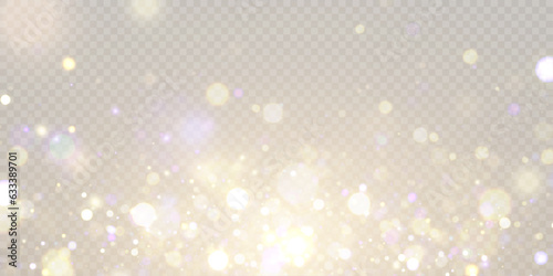 Gold dust light bokeh. Christmas glowing bokeh and glitter overlay texture for your design on a transparent background. Golden particles abstract vector background.	
