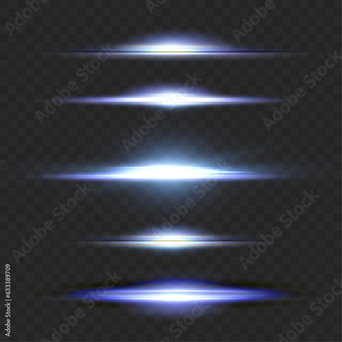 Set of blue horizontal highlights. Laser beams of light, horizontal light beams. Set of glowing transparent vector light effects isolated on transparent background, explosion, sparkle, sparkle. Vector