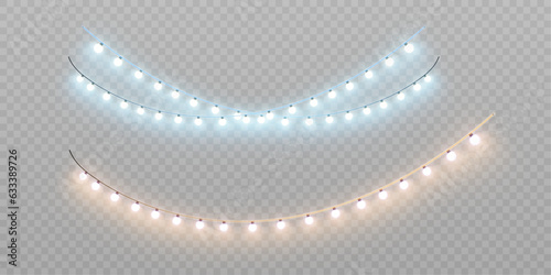 Christmas lights isolated on transparent background. Set of golden Christmas glowing garlands with sparks. For congratulations, invitations and advertising design. Vector	
