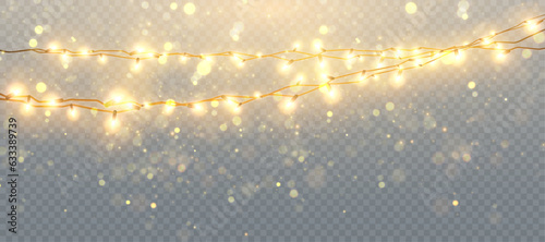 Christmas lights isolated on transparent background. Set of golden Christmas glowing garlands with sparks. For congratulations, invitations and advertising design. Vector	
